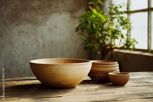 Wallpaper Mural handcrafted clay tableware beautifully arranged on rustic wooden background Torontodigital.ca