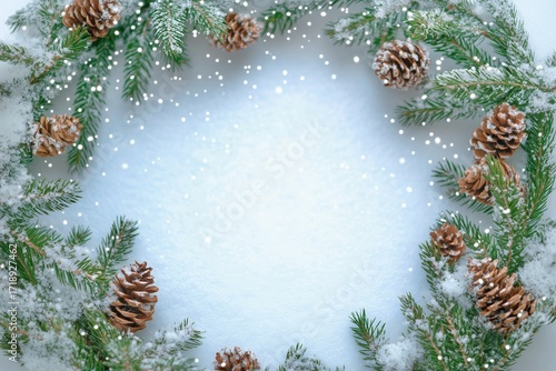 Festive Winter Wreath Made of Pine Branches and Cones With Snowflakes Falling...