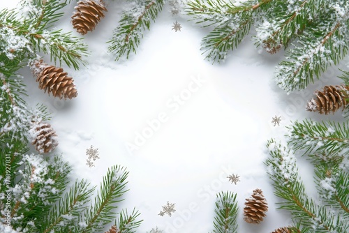 Winter Themed Pine Branches and Cones With Snowfall Effect Create a Festive B...