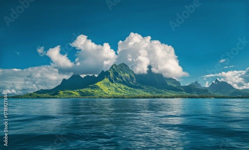 Stunning View of a Lush Green Island Surrounded by Calm Blue Waters and Fluff...