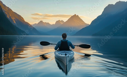 Kayaker Explores Serene Lake Surrounded by Majestic Mountains at Sunset