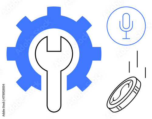 Gear with wrench represents technology and tools. Microphone suggests voice control. Falling coin symbolizes finance. Ideal for innovation, productivity, automation, finance, technology, voice
