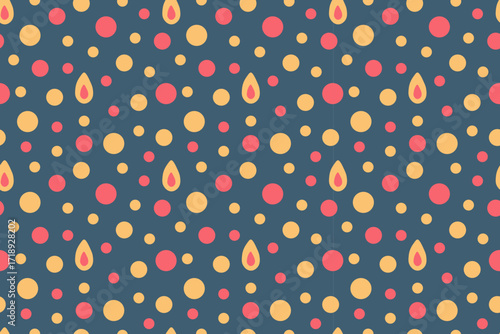 Beautiful seamless abstract pattern of multicolored polka dots on  gray background. Holiday, confetti. Orange, yellow and red colors. For wallpaper, textiles, packaging, backgrounds or websites.