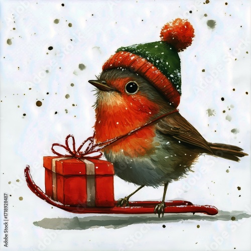 Cute Robin Bird With a Present on a Sled in Winter Snow