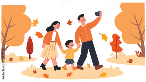 Happy family enjoying autumn outdoors, walking together in a scenic park with colorful leaves. Parents and children bond joyfully, capturing cheerful moments of love, warmth, and togetherness.