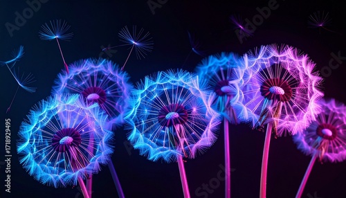 A cluster of dandelions with luminous neon threads and radiant colorful seeds