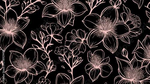 Black and pink seamless patterns background with flowers sakura.  Botanic tropical wallpaper with daisies flower and leaves. 