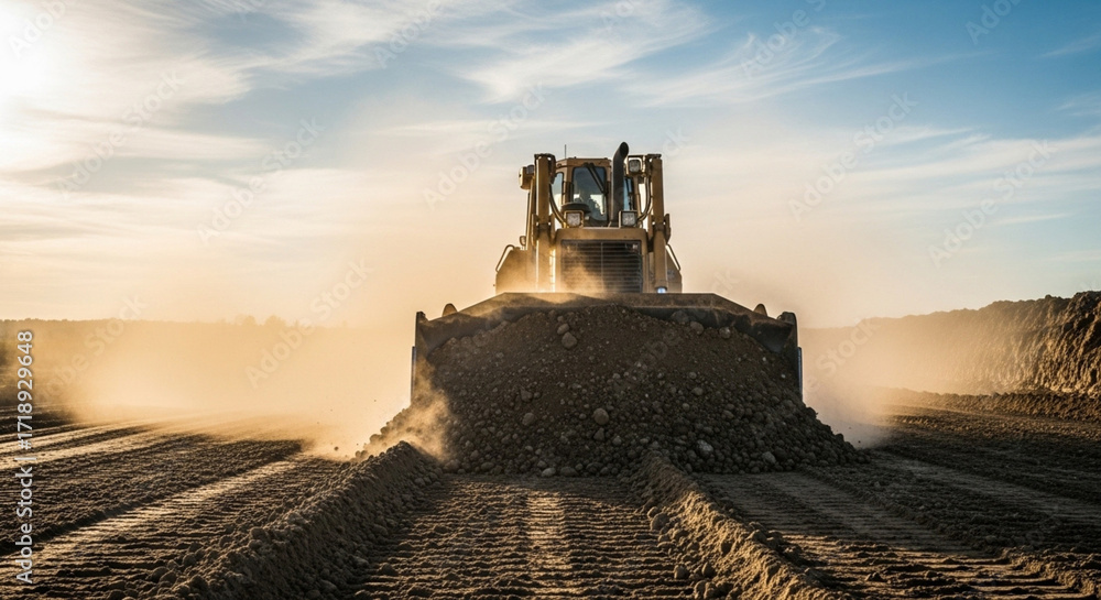 Fototapeta premium A powerful bulldozer pushing a large mound of dirt and dust across a construction site during a golden hour sunset.