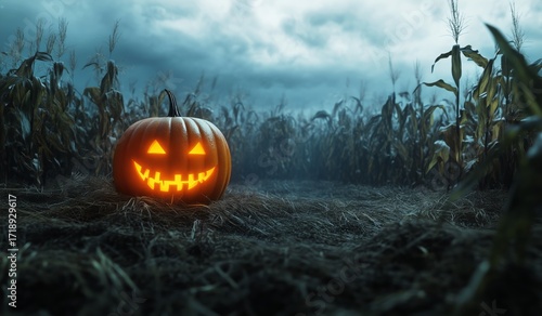 Spooky Jack O Lantern in a Cornfield Under Dark Clouds During Halloween Night