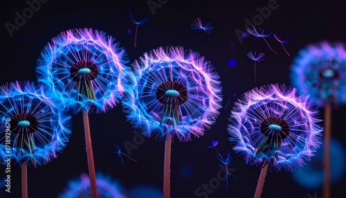 Neon-colored dandelions with seeds sparkling in vibrant blue and pink hues