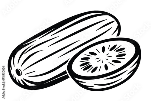 Fresh Cucumber with Cross Section on White Background, Minimalist Icon