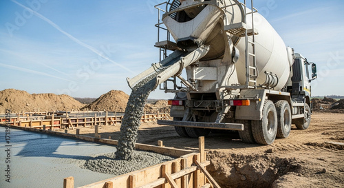 A concrete mixer truck pours wet cement into wooden forms on a construction site under a clear blue sky.