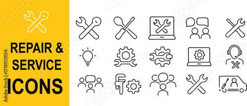 "Outline Vector Icon Set Featuring Tools, Repair, Maintenance, Wrenches, Screwdrivers, Gears, and Handyman Symbols"