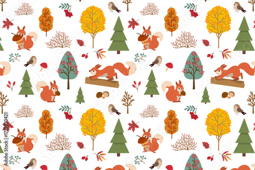Autumn-themed vector illustration featuring playful squirrels and birds among colorful trees and falling leaves. The whimsical design captures the essence of a vibrant forest scene.