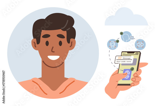 Young man smiling near mobile device. Hand entering authentication code for secure login. Cloud, data icons suggest security, communication. Ideal for cybersecurity, digital identity, technology