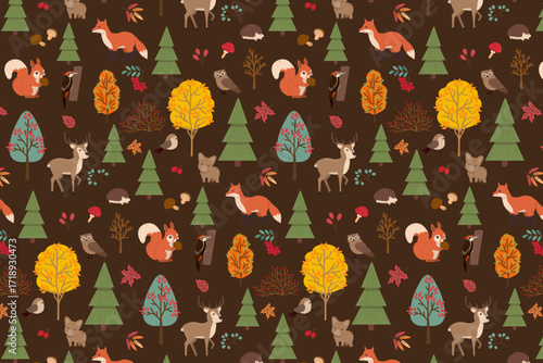 Vector illustration of a seamless pattern featuring various forest animals like foxes, deer, and squirrels among trees and foliage. A charming depiction of a woodland scene.