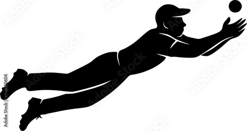 Black and white vector silhouette of a cricket fielder diving to catch, minimal monochrome sports illustration for cricket design, posters, and athletic concepts.