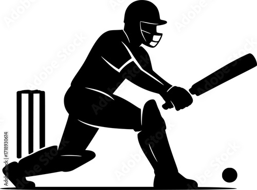 Black and white vector silhouette of a cricket batsman in defensive stance, minimal monochrome sports illustration for cricket design, posters, and athletic concepts.