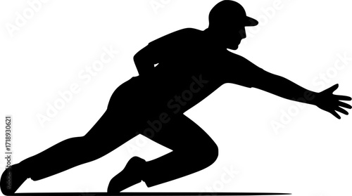 Black and white vector silhouette of a cricket fielder sliding, minimal monochrome sports illustration for cricket design, posters, and athletic concepts.