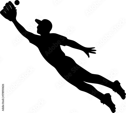 Black and white vector silhouette of a cricket fielder mid-air, minimal monochrome sports illustration for cricket design, posters, and athletic concepts.