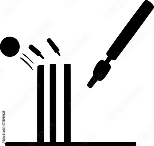 Black and white vector silhouette of a cricket wicket being hit, minimal monochrome sports illustration for cricket design, posters, and athletic concepts.