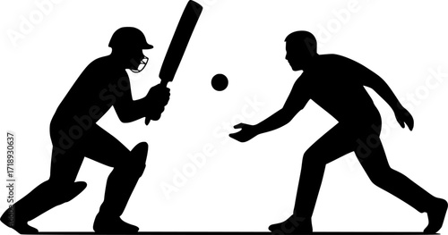 Black and white vector silhouette of a cricket batsman and bowler facing each other, minimal monochrome sports illustration for cricket design, posters, and athletic concepts.
