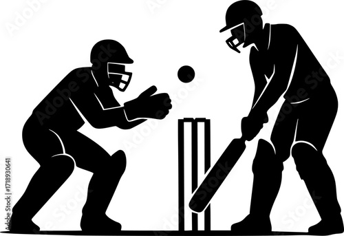 Black and white vector silhouette of a cricket wicketkeeper stumping the batsman, minimal monochrome sports illustration for cricket design, posters, and athletic concepts.