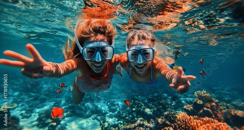 Friends Enjoy Snorkeling Adventure While Exploring Vibrant Coral Reefs and Co...