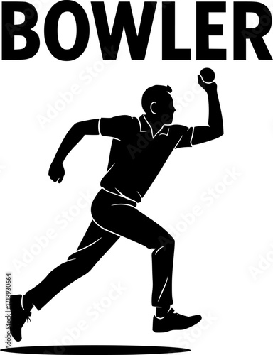 Black and white vector of a cricket bowler mid run-up, minimal monochrome sports illustration for cricket design, posters, and athletic concepts.
