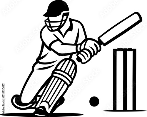 Black and white vector of a cricket batsman attempting a sweep shot, minimal monochrome sports illustration for cricket design, posters, and athletic concepts.