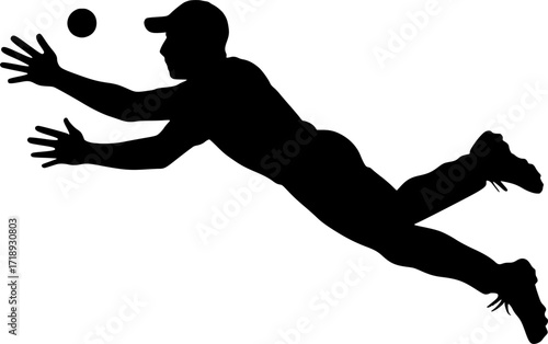 Black and white vector silhouette of a cricket fielder diving while running, minimal monochrome sports illustration for cricket design, posters, and dynamic athletic concepts.