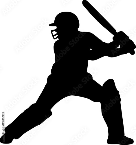 Black and white vector silhouette of a cricket batsman in batting stance, minimal monochrome sports illustration for cricket design, posters, and athletic concepts.