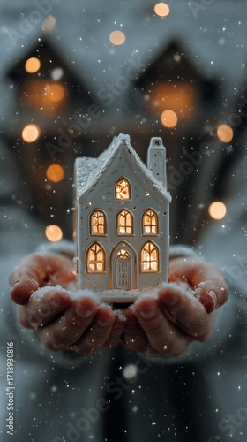 Winter Scene With a Lit Ceramic House Held in Hands During Snowfall