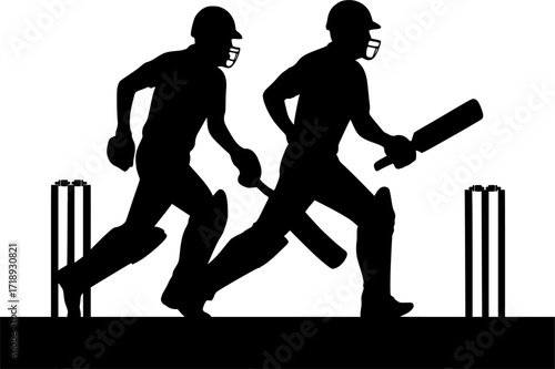 Black and white vector silhouette of two cricket players running between wickets, minimal monochrome sports illustration for cricket design, posters, and athletic concepts.