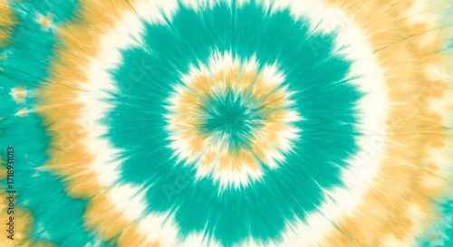 Tie dye abstract tie dye spiral pattern in teal and yellow, a vibrant and colorful background for commercial usage