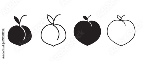 Peach fruit vector icon set. isolated on white background, outline and glyph.