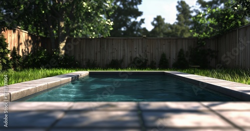 Relaxing Poolside Setting With Clear Water and Green Surroundings in a Backya...