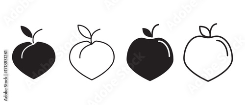 Peach fruit vector icon set. isolated on white background, outline and glyph.