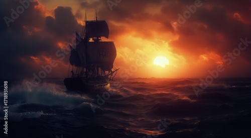 Historic Sailing Ship Navigates Stormy Seas at Sunset