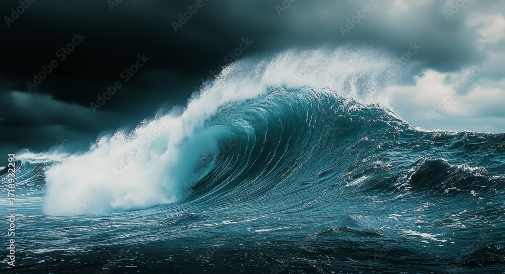 Obraz premium Powerful Ocean Waves Crash Against Each Other Under a Cloudy Sky.