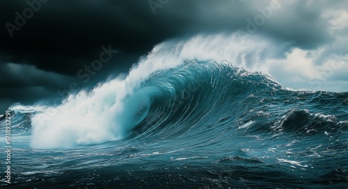 Powerful Ocean Waves Crash Against Each Other Under a Cloudy Sky.