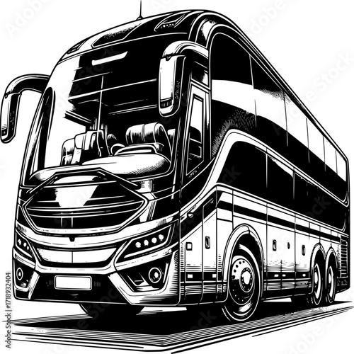 Modern Coach: A sleek and modern coach bus, depicted with photorealistic detail, stands ready for transport, showcasing design and functionality for comfortable travel.