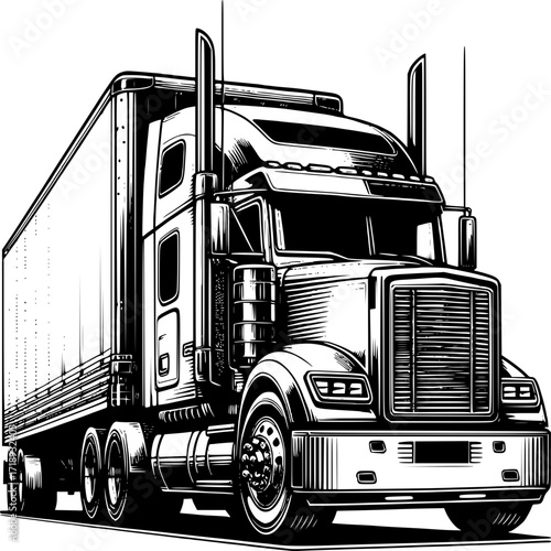 Heavy-Duty Hauler: An imposing, intricately rendered illustration of a robust semi-truck, poised to navigate the open road with its powerful presence.