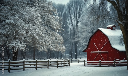 Snowy Landscape With Red Barn and Wooden Fence in Winter Season