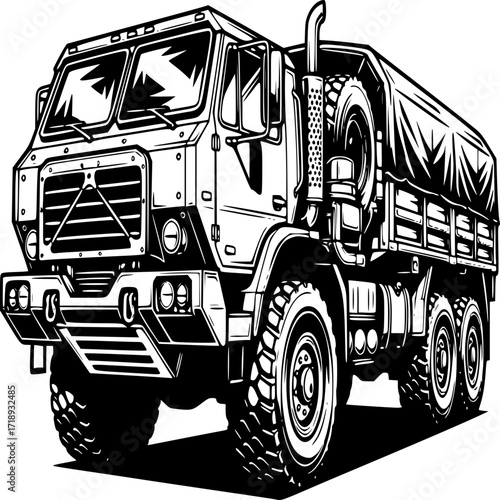 Military Truck Icon: A detailed, monochromatic illustration showcases a rugged military truck, highlighting its robust design and conveying a sense of strength and purpose. 