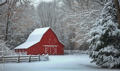 Winter Scene With Red Barn and Snow-Covered Landscape in Quiet Rural Area