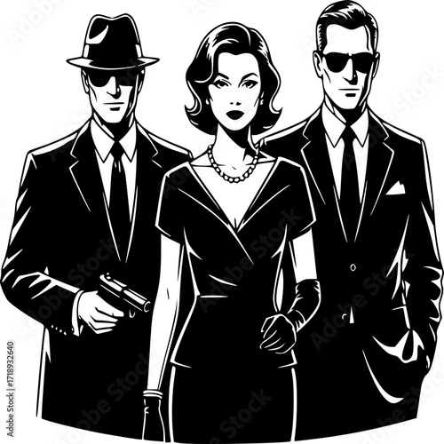 Elegant Espionage: A monochrome portrayal of a stylish woman and two sharp-dressed men, exuding an aura of intrigue. The scene is filled with a subtle suspense, suggestive of covert operations.