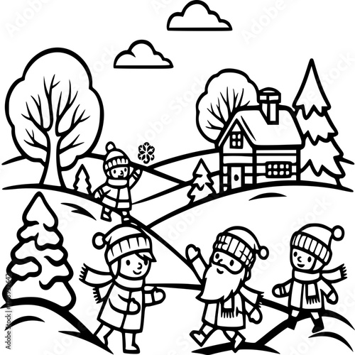 Winter Wonderland Illustration: Charming illustration depicting joyful children in a snowy scene, filled with the innocence and fun of a winter day.