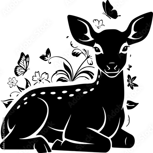 Whimsical Deer Silhouette: A charming black silhouette of a deer, embraced by elegant floral flourishes and fluttering butterflies, evokes a sense of peace and fantasy.