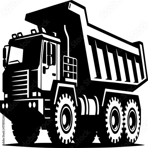Heavy Duty Dump Truck: A sturdy, high-angle image of a heavy-duty dump truck, a robust symbol of construction and industry, viewed in striking black and white. 